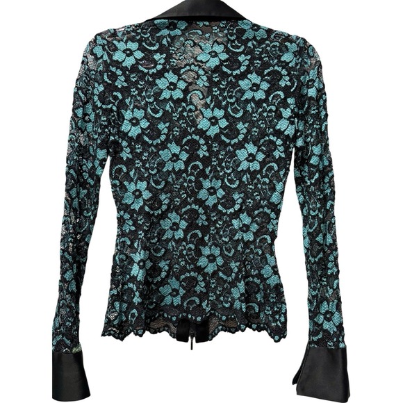 RARE Vintage Cache Lace Zip Blouse Black & Teal Floral Mesh Glam Too Y2K Small - Picture 2 of 4
